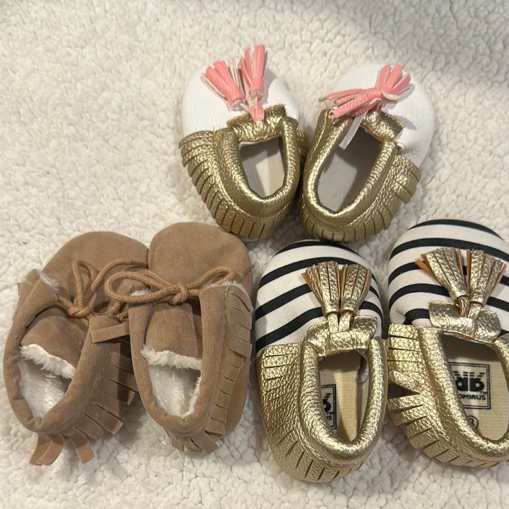 Adorable Baby Moccasins - Set of 3 Pairs - Gently Used for Newborn - 3 months